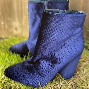 Blue velvet snakeskin imprint booties
